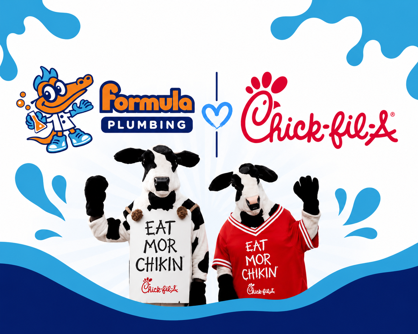 Formula Plumbing and Chick-fil-A cow mascots in EAT MOR CHIKIN shirts