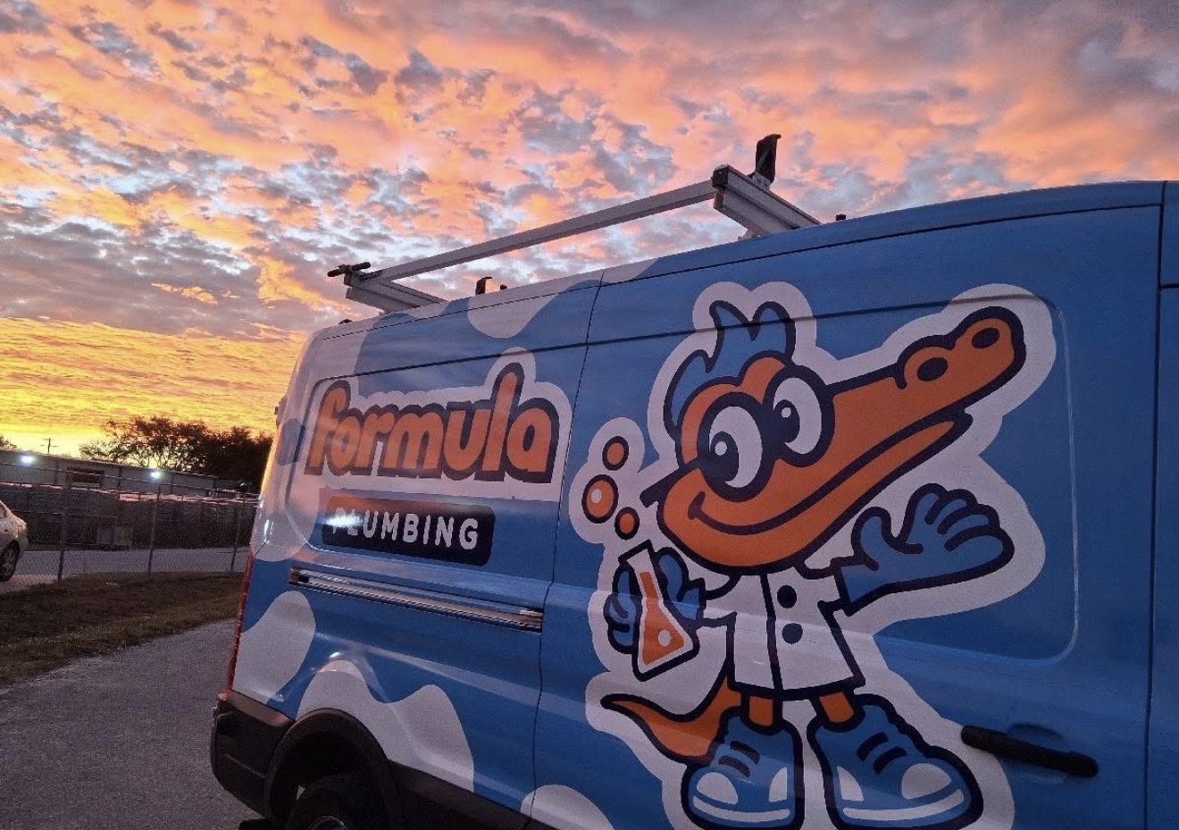 Formula Plumbing van graphic at sunset, Tampa Bay plumbing company