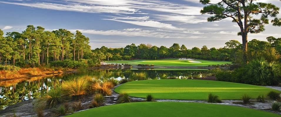 Golf course green with a water hazard on the left and trees in the background under a blue sky.