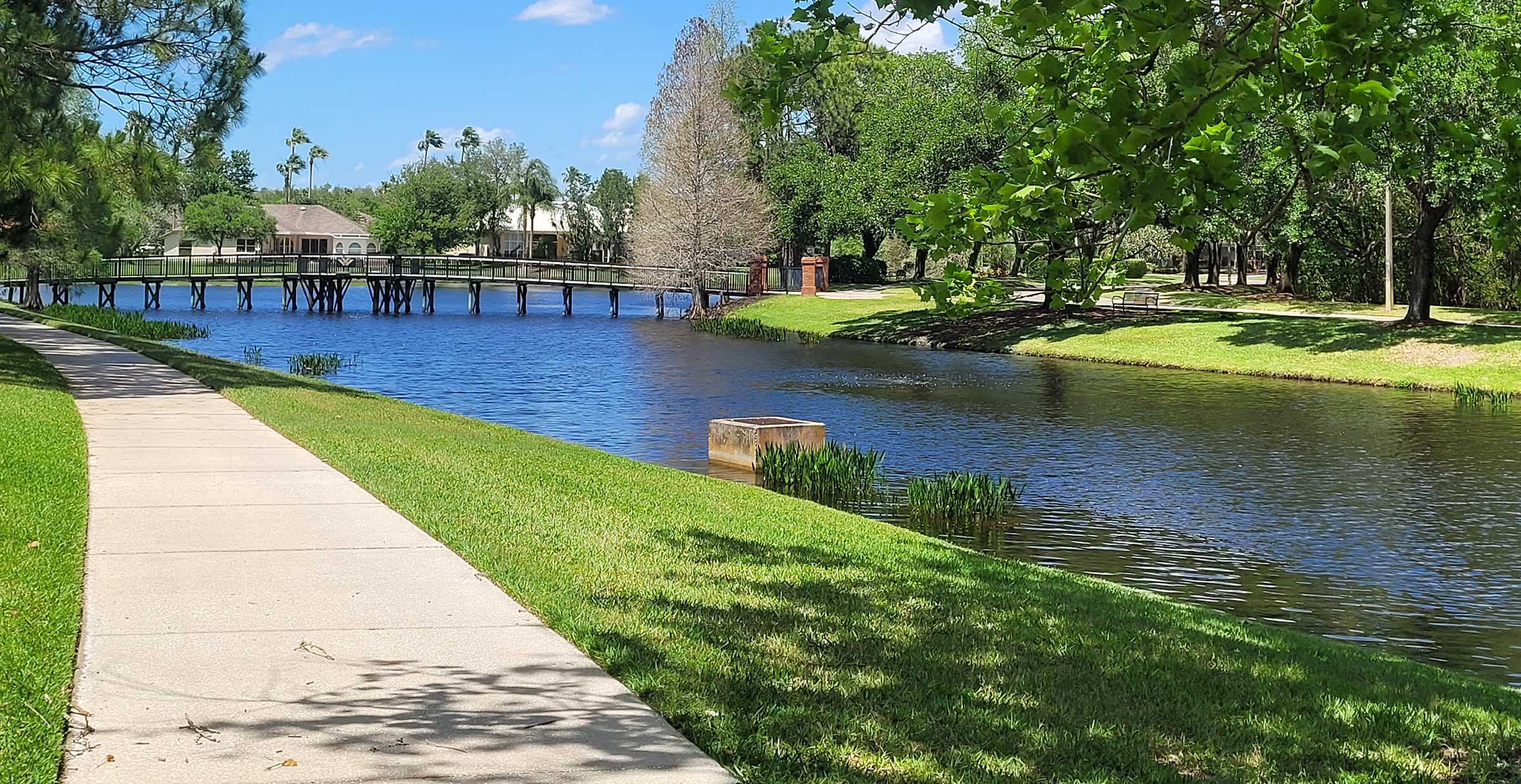 A walking path and pond in Westchase, FL, near West Park Village